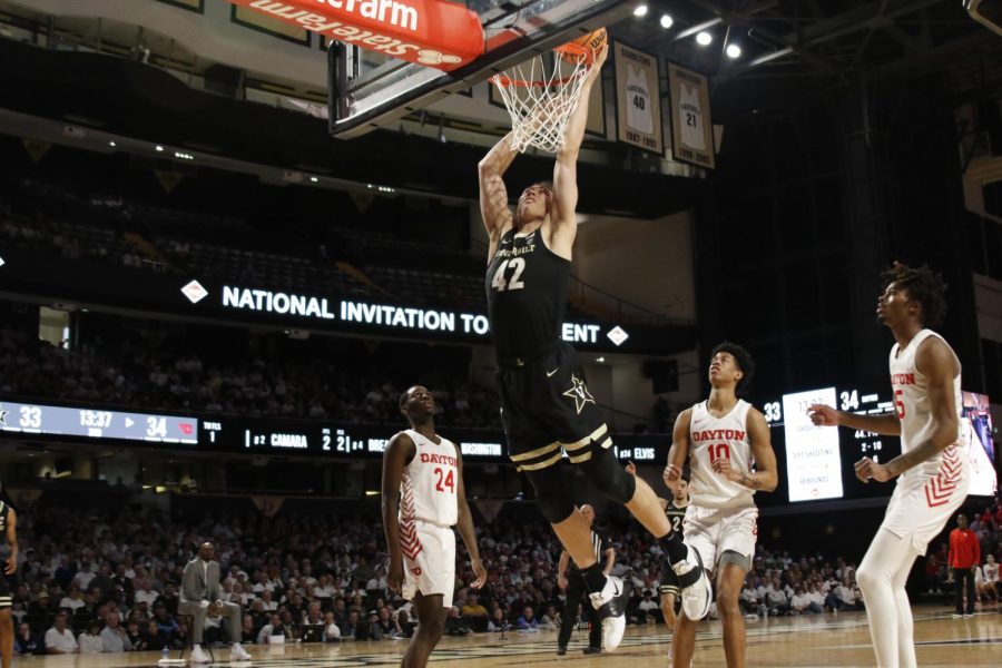 Vanderbilt center Quentin Millora-Brown goes up for a dunk in the Commodores' win over Dayton on March 20, 2022.