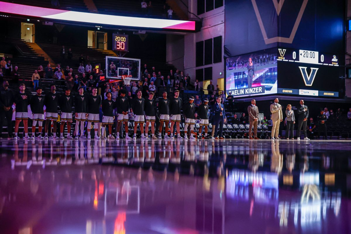Vanderbilt stands for the National Anthem before its game vs UNC Greensboro, as photographed on Nov. 14, 2023. (Hustler Multimedia/Josh Rehders)