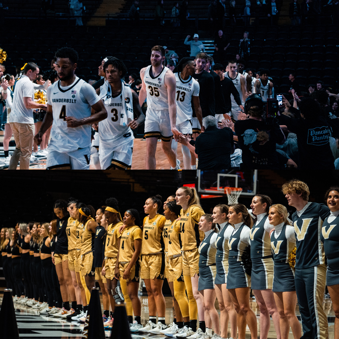 Vanderbilt Women’s Basketball celebrates a victory over Fairfield alongside the cheerleaders and dance team, as photographed on Nov. 12, 2023 and Vanderbilt Men's Basketball team celebrates after victory, as photographed on Nov. 17, 2023. (Hustler Multimedia/Vince Lin)