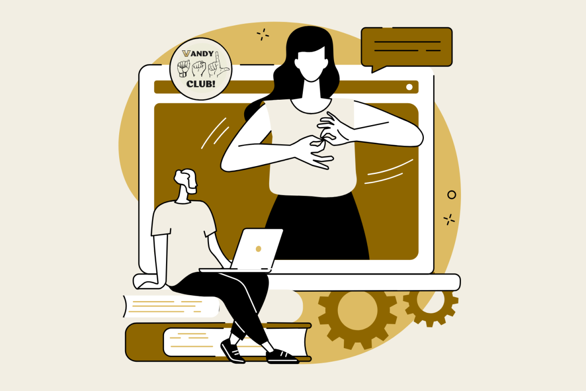 A graphic depicting a person viewing a large screen with another person teaching ASL. (Hustler Multimedia/Abby Hoelscher)