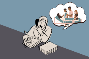 Graphic depicting an individual completing their advance directive as thoughts of potential healthcare scenarios loom. (Hustler Multimedia/Lexie Perez)