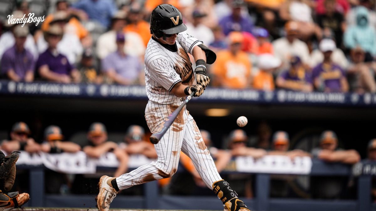 A Vanderbilt player swinging the bat just before contact, as photographed on May 24, 2025. (Vanderbilt Athletics)